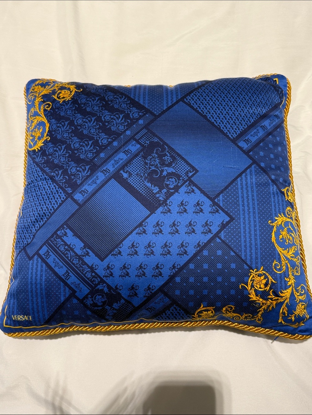 Versace Royal Blue and Gold Baroque Patchwork Pillow
